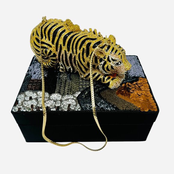 Austrian Minaudière Boutique Handbags - AUTHENTIC Austrian Crystal Tiger Clutch Minaudière | Gold Hard Shell Evening Bag